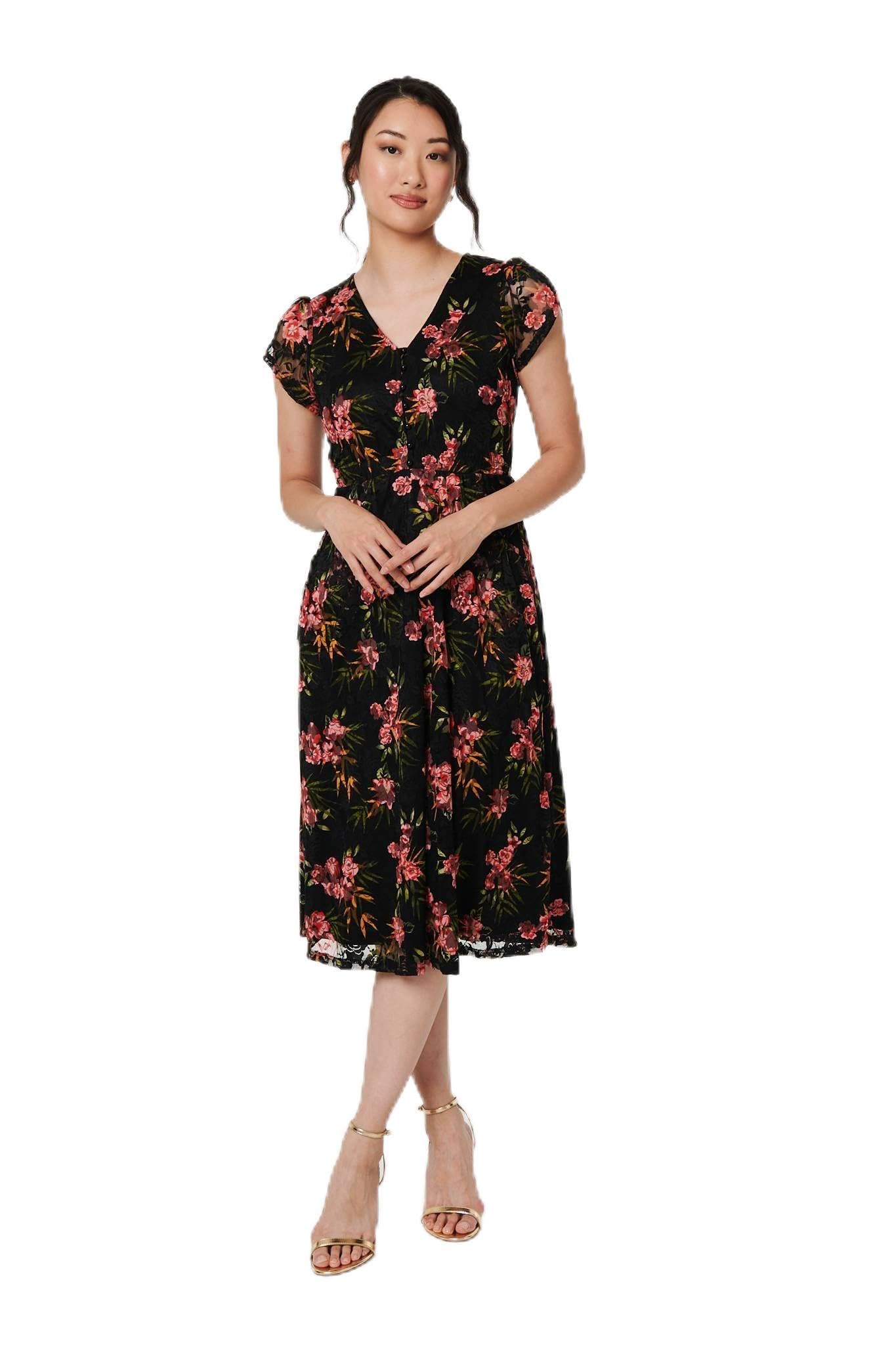 Izabel London Women's Black Floral Cap Sleeve Shirred Midi Dress In | Size: 10