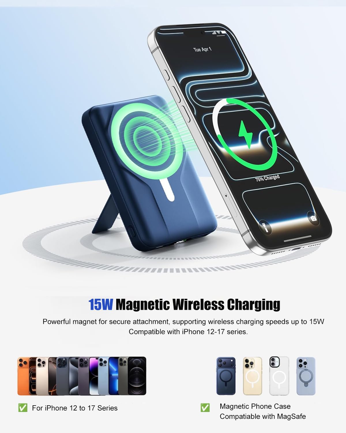 Azmuth Powerbank per Magsafe, 10000mAh Power Bank Batteria Esterna Magnetica, Caricatore Portatile Ricarica Rapida con Display LED, Wireless Powebank per iPhone 17/16/15/14/13/12 Serie, Blu