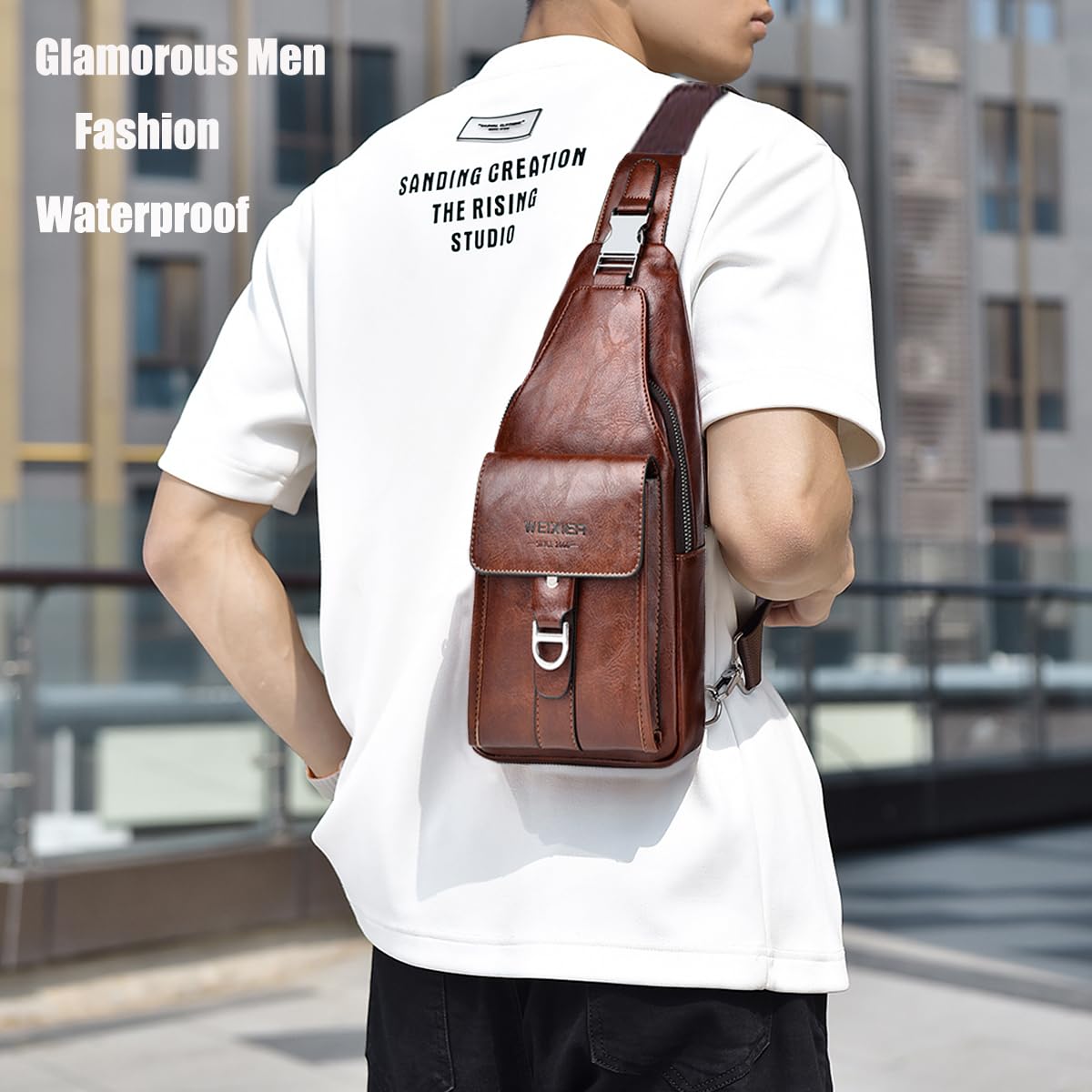 A-QMZL Sacoche Homme Bandouliere Sac de Poitrine Business Sac de Loisir PU Cuir Pochette Epaule da Voyage pour Homme Femme (Brun foncé)