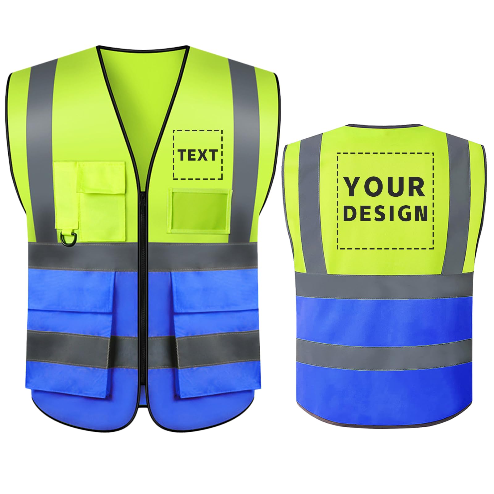 Safety Vest Customize Logo, High Visibility Reflective Safety Vest with 5 Pockets and Reflective Strips Outdoor Work Vest
