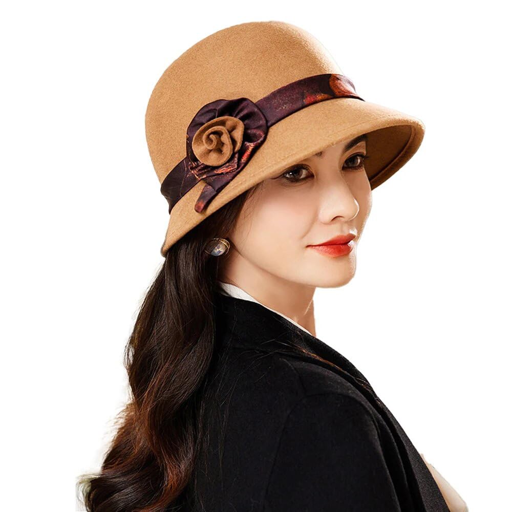 Eleganti Cappelli da Pescatore per Donna Matrimonio e Chiesa Primavera Autunno Feltro di Lana Fedora Signore Caldo Berretto Femmina (khaki95658cm M)