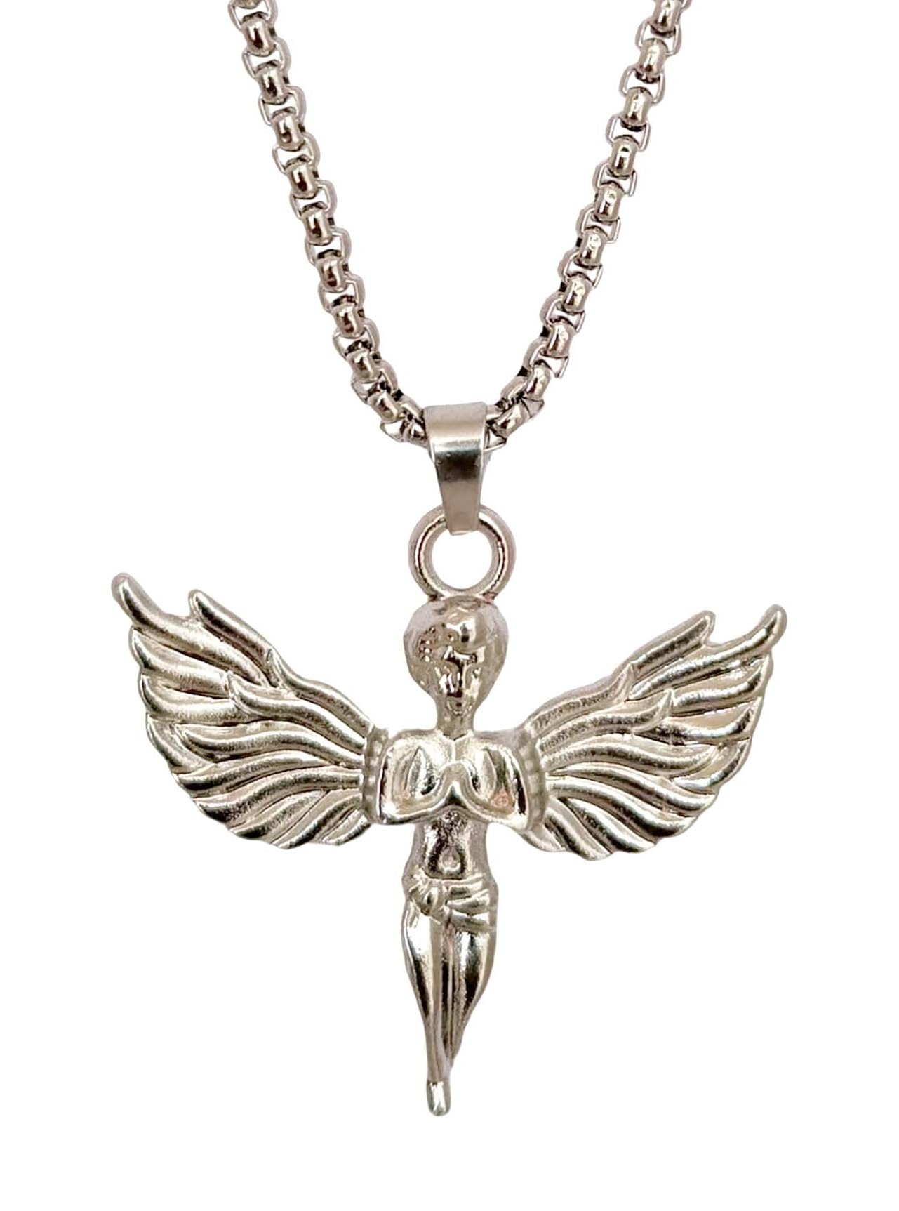 R Art Fashiion Jewellery Guardian Angel Spread Wings Silver Neck Chain For Men & Boys Pendant | Locket Chain | Fancy & Stylish | | Long Necklace | Pendant