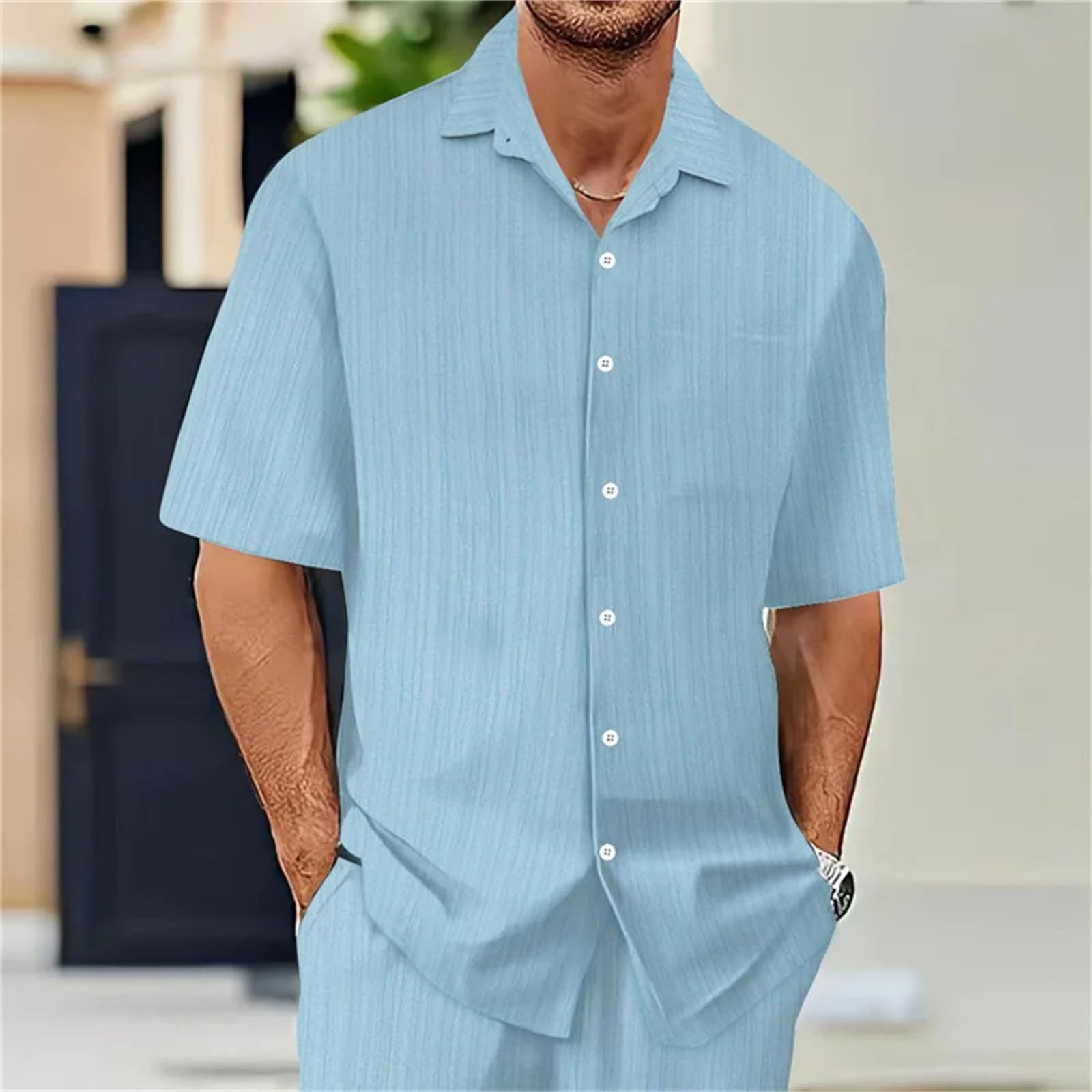 Camisa de manga corta para hombre, ligera, transpirable, color sólido, cuello de vuelta, para uso diario
