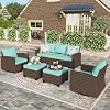 HERAS HOUSE 5 Piece Patio Furniture Set with Swivel Rocker Glider Chairs 3 Seat Couch with Ottomans All Cushioned Backyard Patio Conversation Set for Backyard Deck Blue