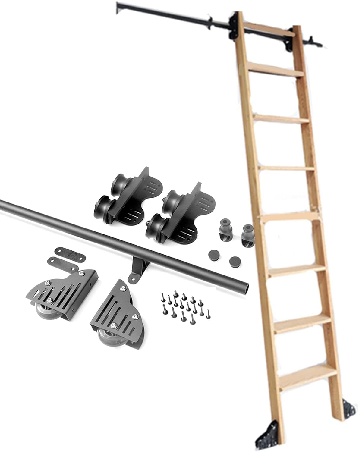 Kit di ferramenta per Scala Scorrevole per Biblioteca Retrattile, Kit di binari per Scala Scorrevole, Binario per Scala Mobile a Tubo Tondo (Senza Scala) con Ruota a rulli per Pavimento, NER