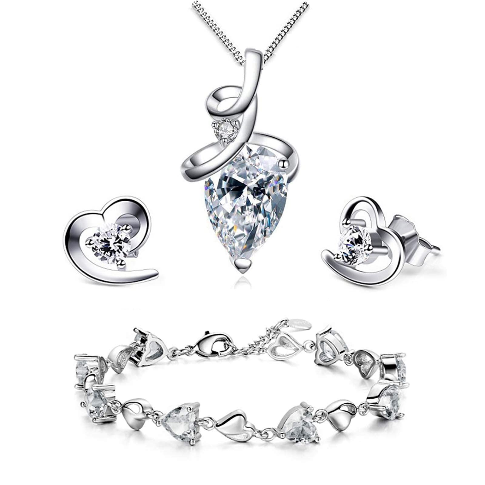 blaue Kristall Halskette Frauen Schmuck Set CZ Sterling Silber Herzform Anhänger Halskette und Ohrstecker Armbänder Armbänder für Frauen Mädchen mit Silberkette Schmuckschatulle