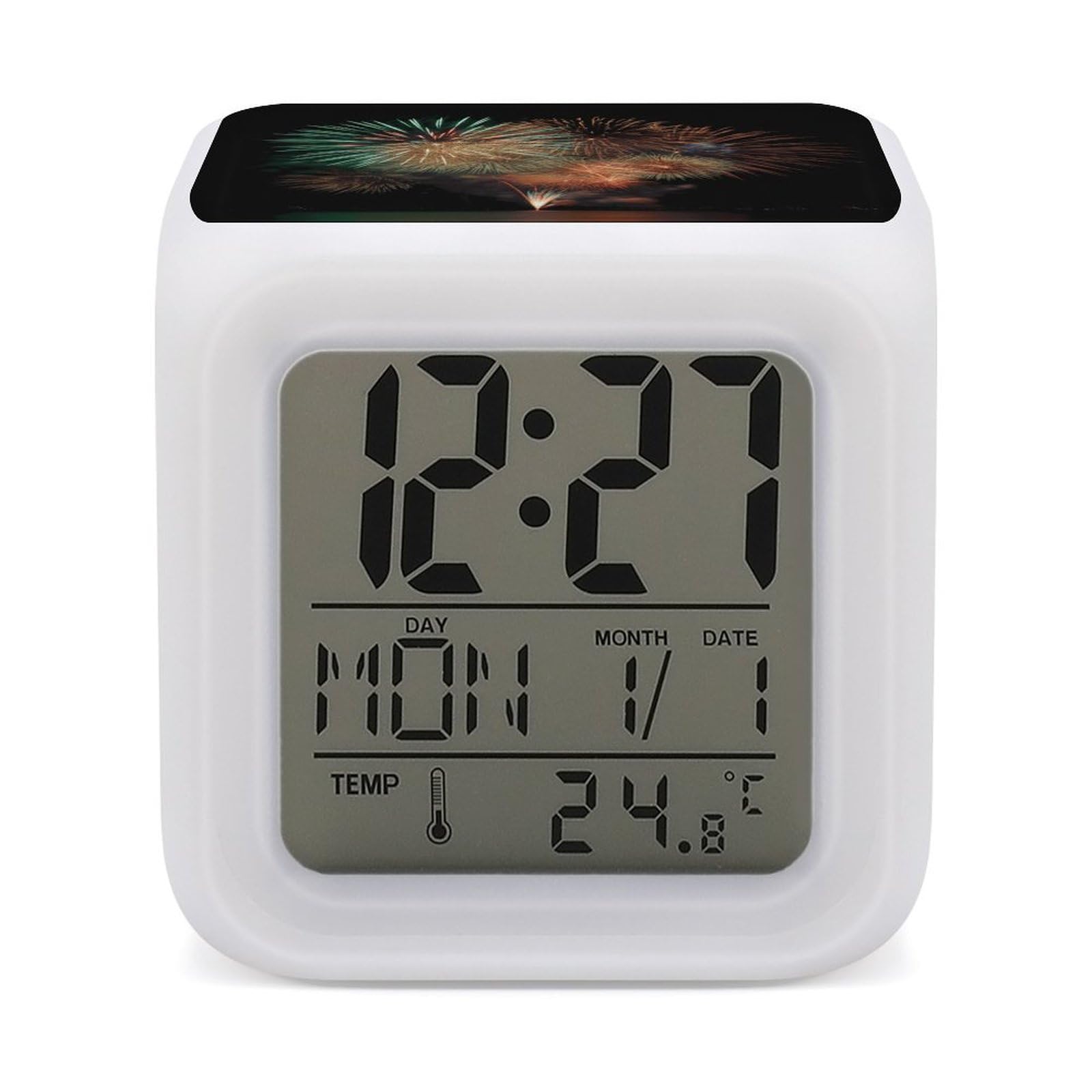 FekiLoot Fireworks Alarm Clock 7 LED Color Changing Wake Up Clock Digital Alarm Clocks with Snooze Digital Bedside Clocks with Night Light for Home Office Or Dorm