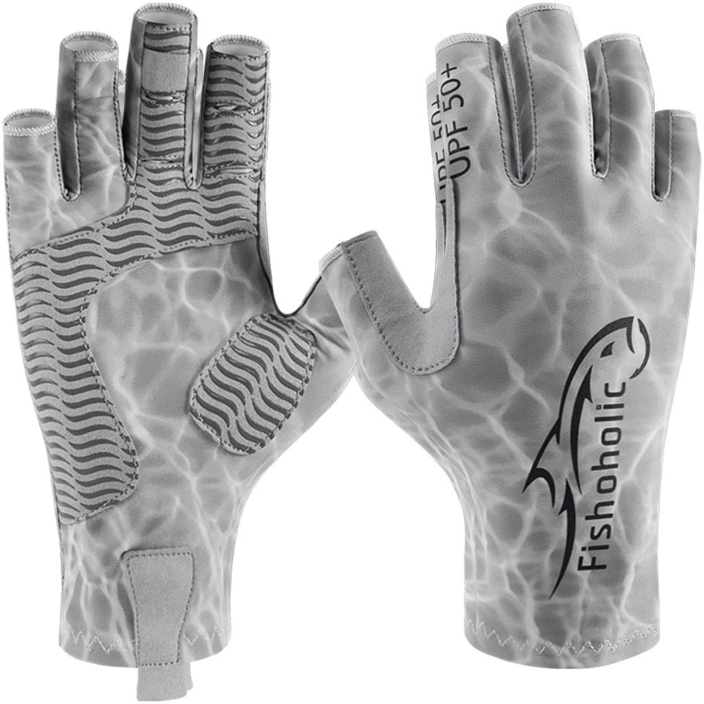 Fisholic Guantes de pesca sin dedos XXS/XS w'Super Grip UPF50+ Guantes de pesca de protección solar para mujeres, hombres y jóvenes – Kayak, senderismo, paddle, canoa (GreyCamo, XXS/XS)