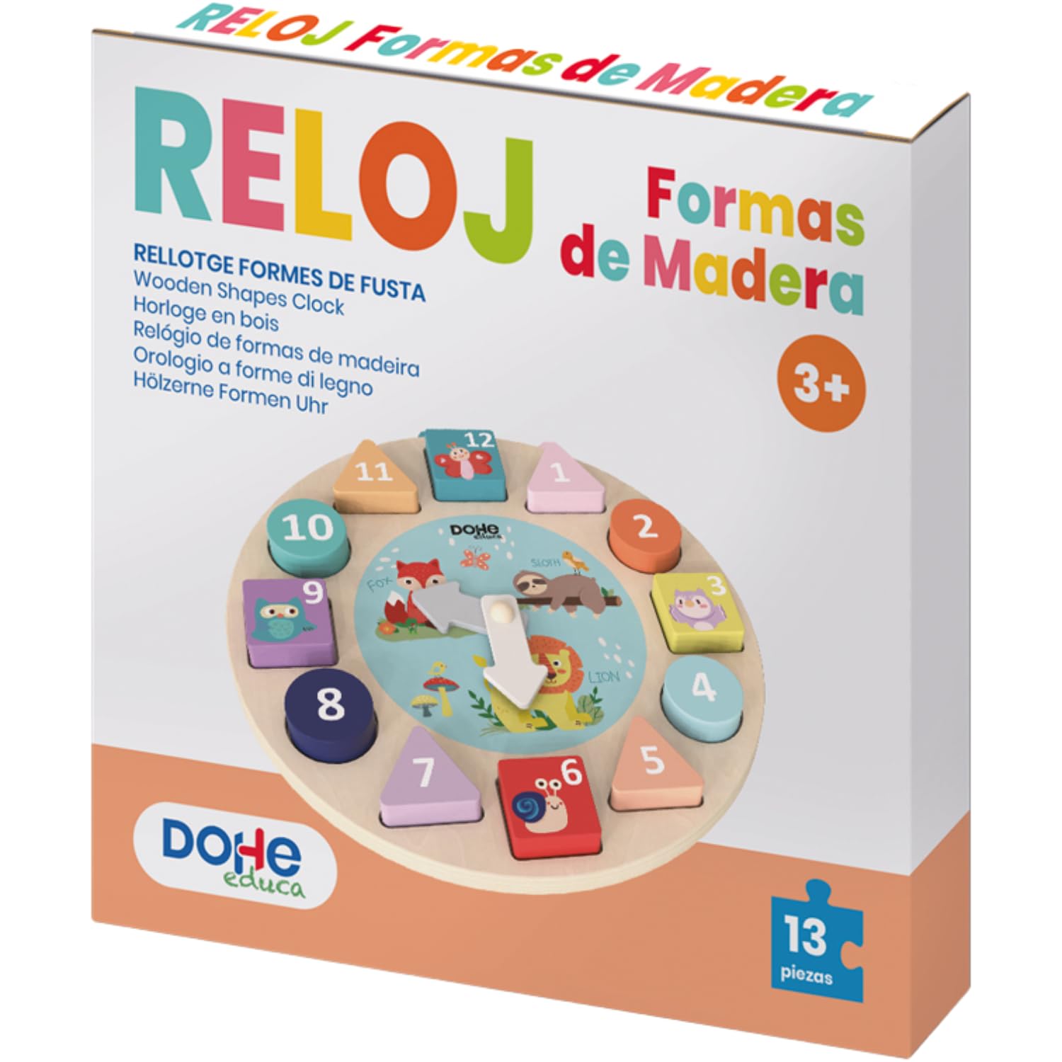 DOHE Educa, Shape Sorting Clock, 12 Geometric Wooden Lockable Blocks, Movable Needles, Educational Game Children and Babies - Image 2