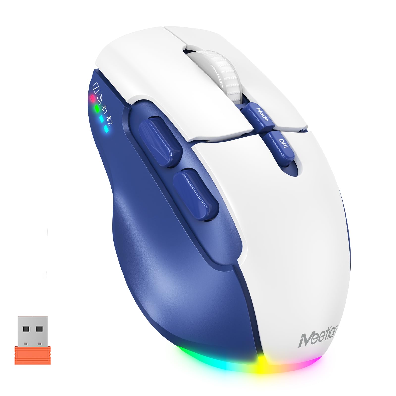 Wireless Mouse for Laptop, USB and Bluetooth Connectivity, 4 Adjustable DPI, Rechargeable, Ergonomic Mouse for Laptops, iPad, Compatible with Windows, MacOS, Android, iOS, Blue White