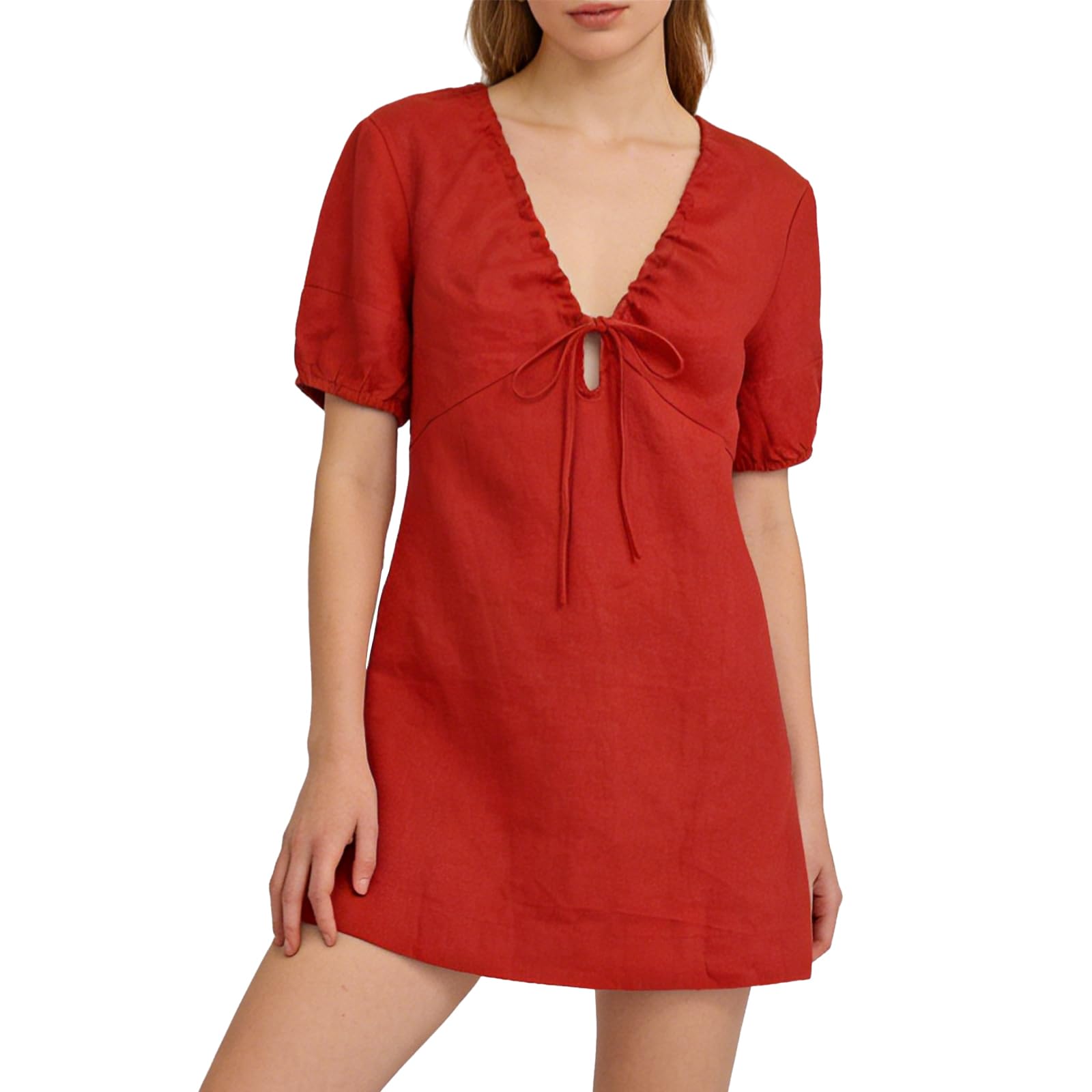 Amazhiyu Robe d'été en lin pour femme - Mini robe d'été - Courte - Coupe trapèze - Robe de plage - Col en V - Manches courtes - Élégante