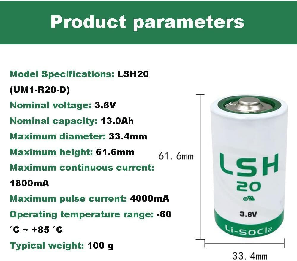 Giobbiy (3-Pcs) LSH20 Size D 3.6V 13000mAh Li-SOCI2 Battery for LSH20 Non-Rechargeable Battery, Green (3.6 Volt, 13 Ah, Non-Rechargeable)