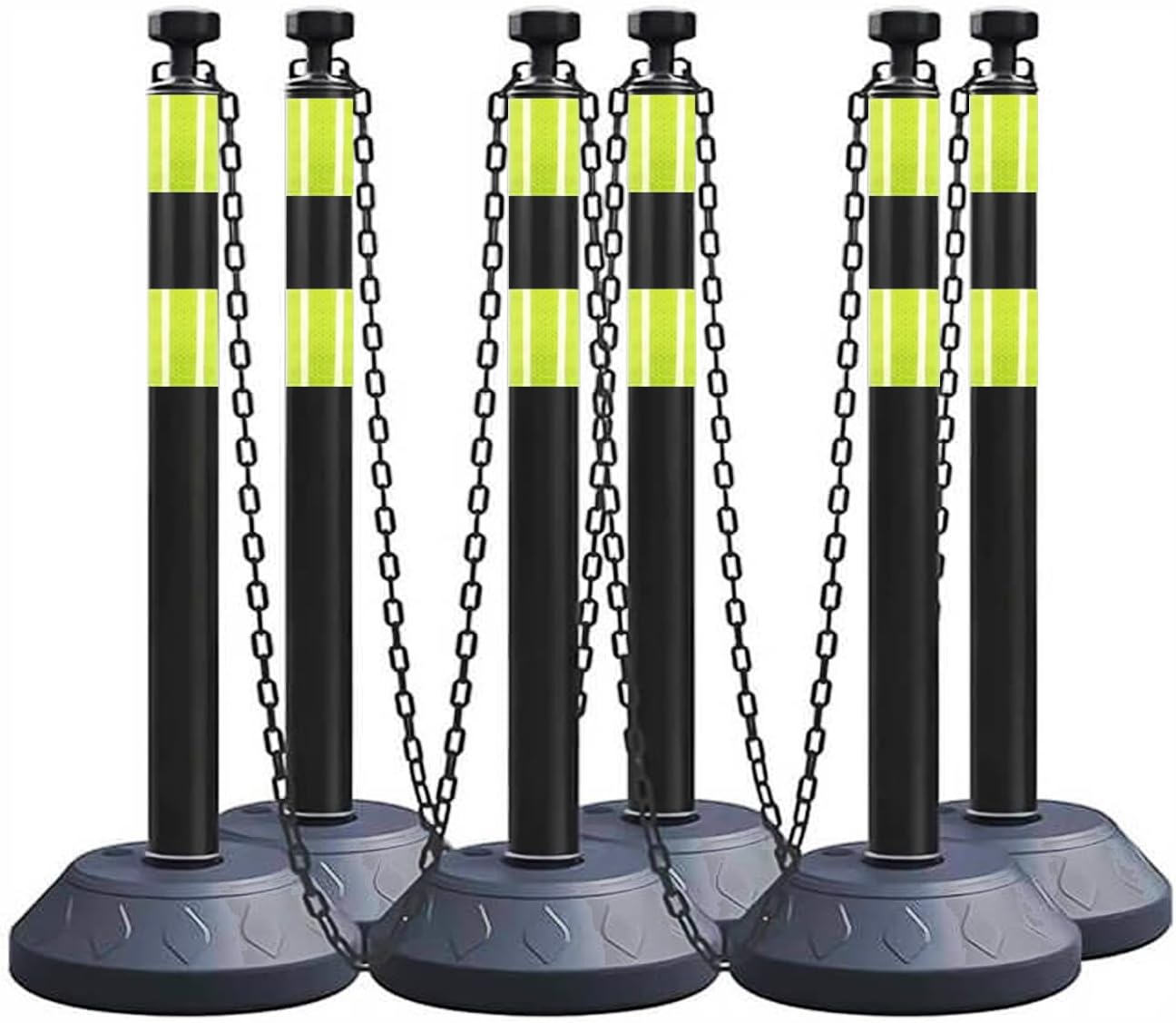 - 6 Pack 40 Inch Traffic Delineator Posts with Fillable Base and 6.6FT Plastic Chain, Safety Delineator Post Cones with 2 Green Reflective Stripes for Construction Work (Black)