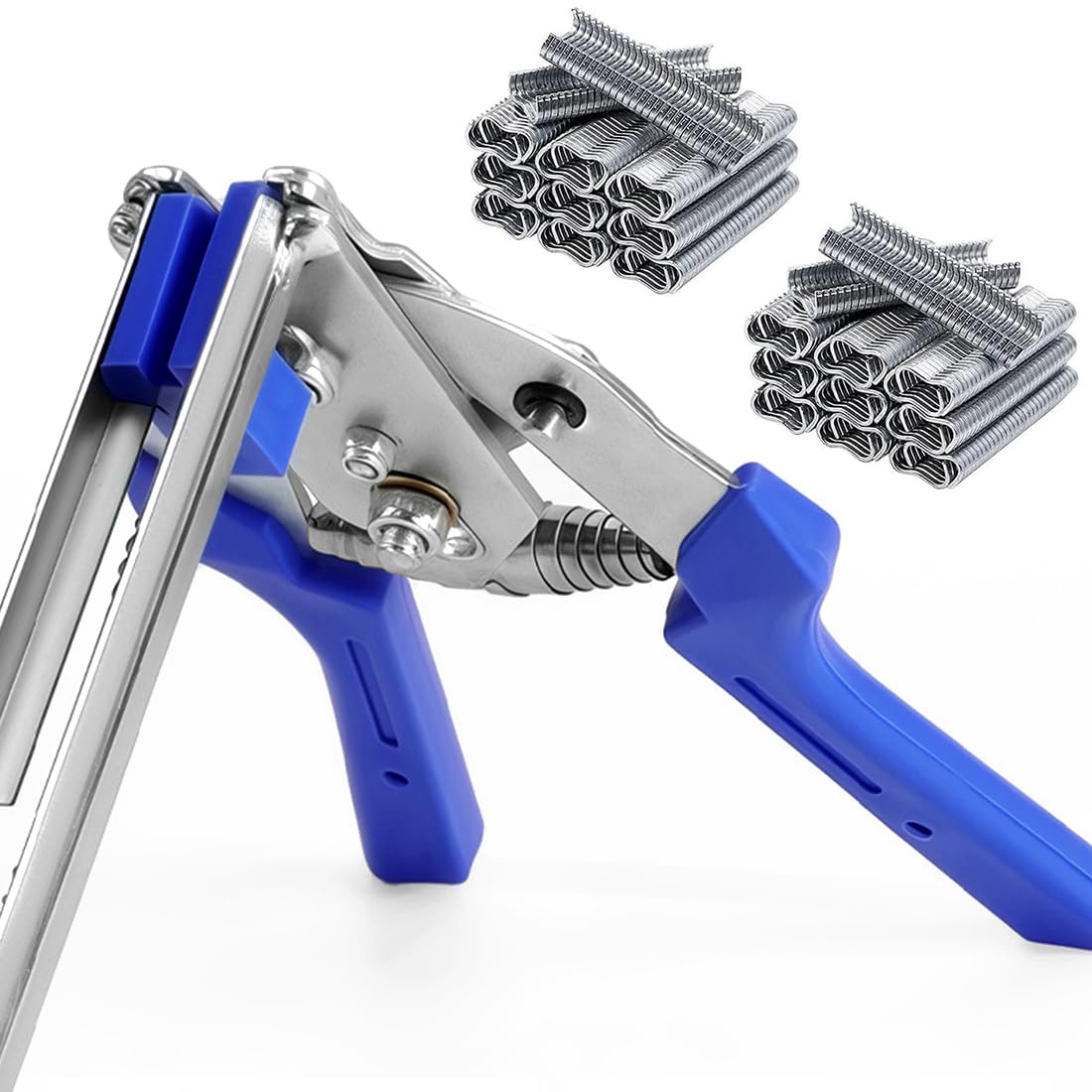 Kit de alicates de anillo de cerdo tipo M, herramienta de abrazadera de jaula de alimentación automática resistente con 1200 clips en M galvanizados para tapicería, valla e instalación comercial de