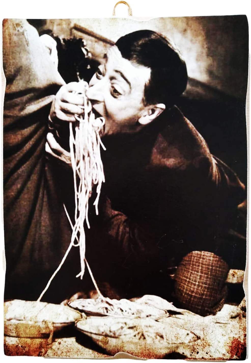 Kustom Art Black Vintage Style Square Picture Series Famous Actors Totò Eats Spaghetti Print On Wood 10X15 Cm