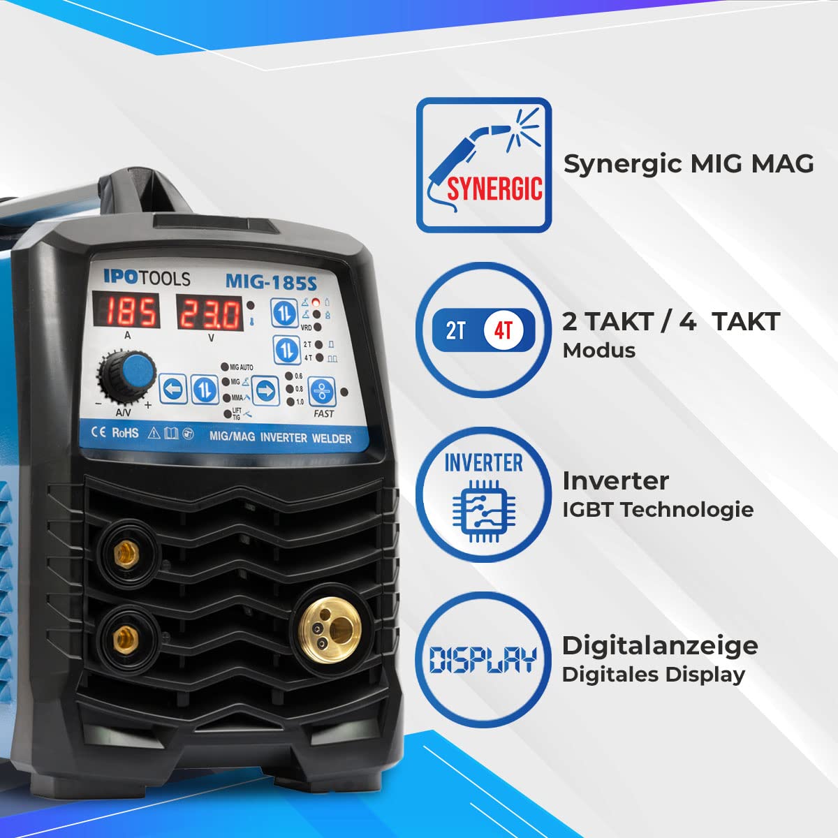 IPOTOOLS Spawarka MIG-185SYN MIG MAG – spawarka gazowa ochronna, 185 amperów, funkcja synergiczna, drut wypełniający i elektrody, E-Hand/cyfrowy wyświetlacz, IGBT / 230 V / 7 lat