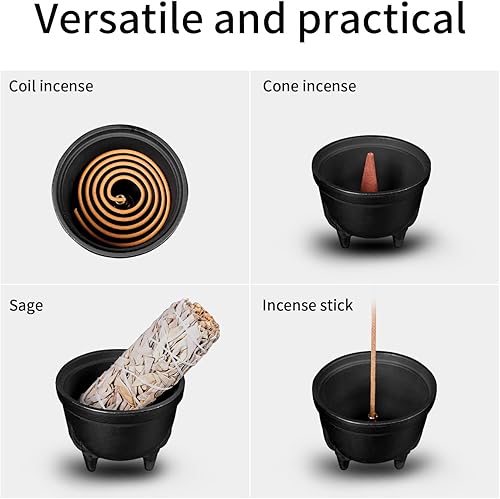 Miniatura 2 de Quemador de incienso de hierro fundido, juego de quemador de incienso 4 en 1, atrapador de cenizas de incienso de tres patas con tapa para rituales,