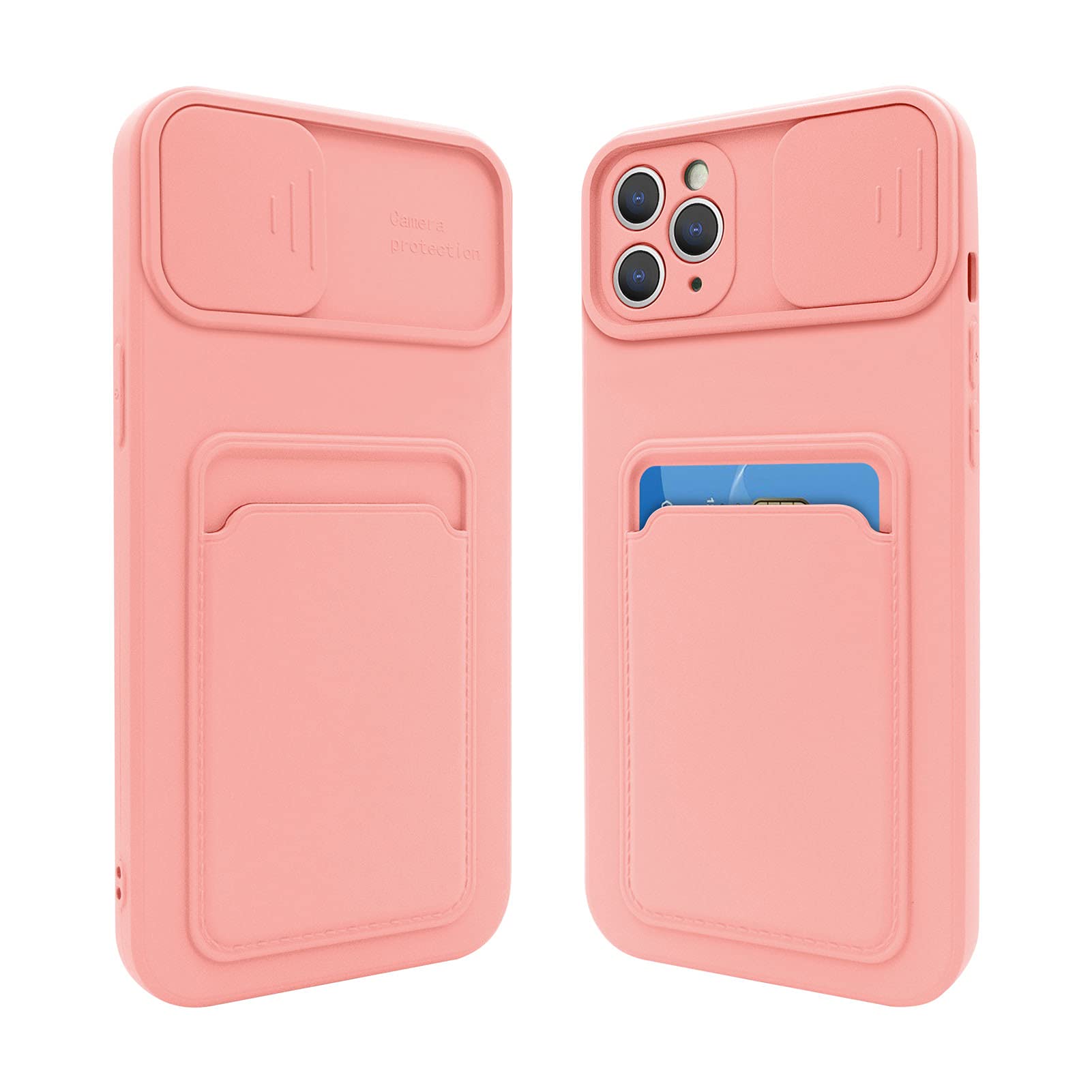 Fsoole iPhone 11 Pro Max Silicone Card Case with Camera Lens Protector, Credit Card Holder Sleeve Shockproof Cover for 6.5 Inch iPhone 11 Pro Max (Pink)