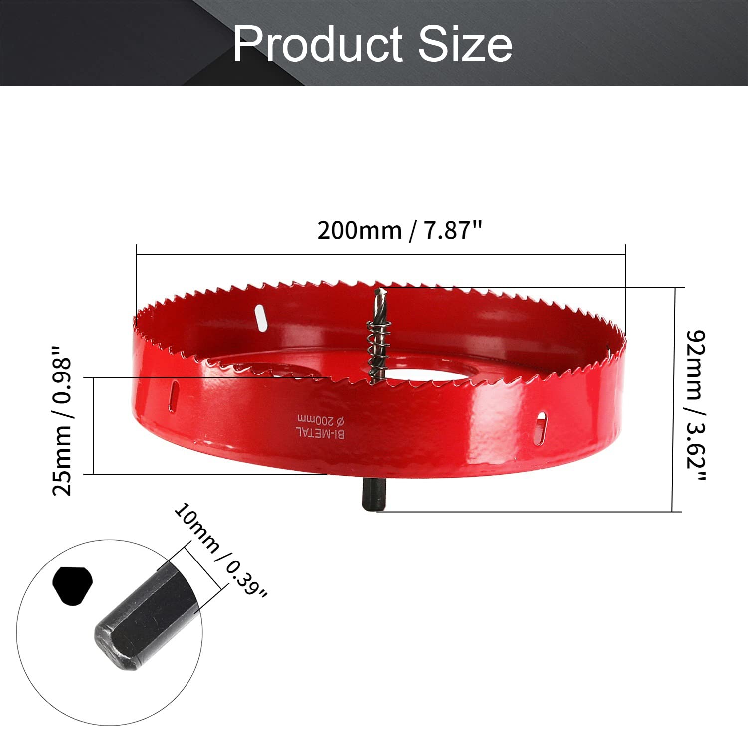 Utoolmart Bimetalowa otwornica 200 mm, profesjonalne wiertło ze stali szybkotnącej, głębokość otworu 25 mm, z trójkątnym uchwytem o średnicy 10 mm, do deski do cięcia metalu,