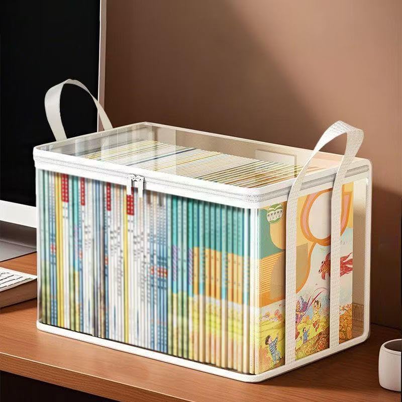 Bolsa de armazenamento de livros transparente de plástico para quadrinhos, organizador de livros colapsável com alça de transporte, organizador de material de leitura para organização de biblioteca e