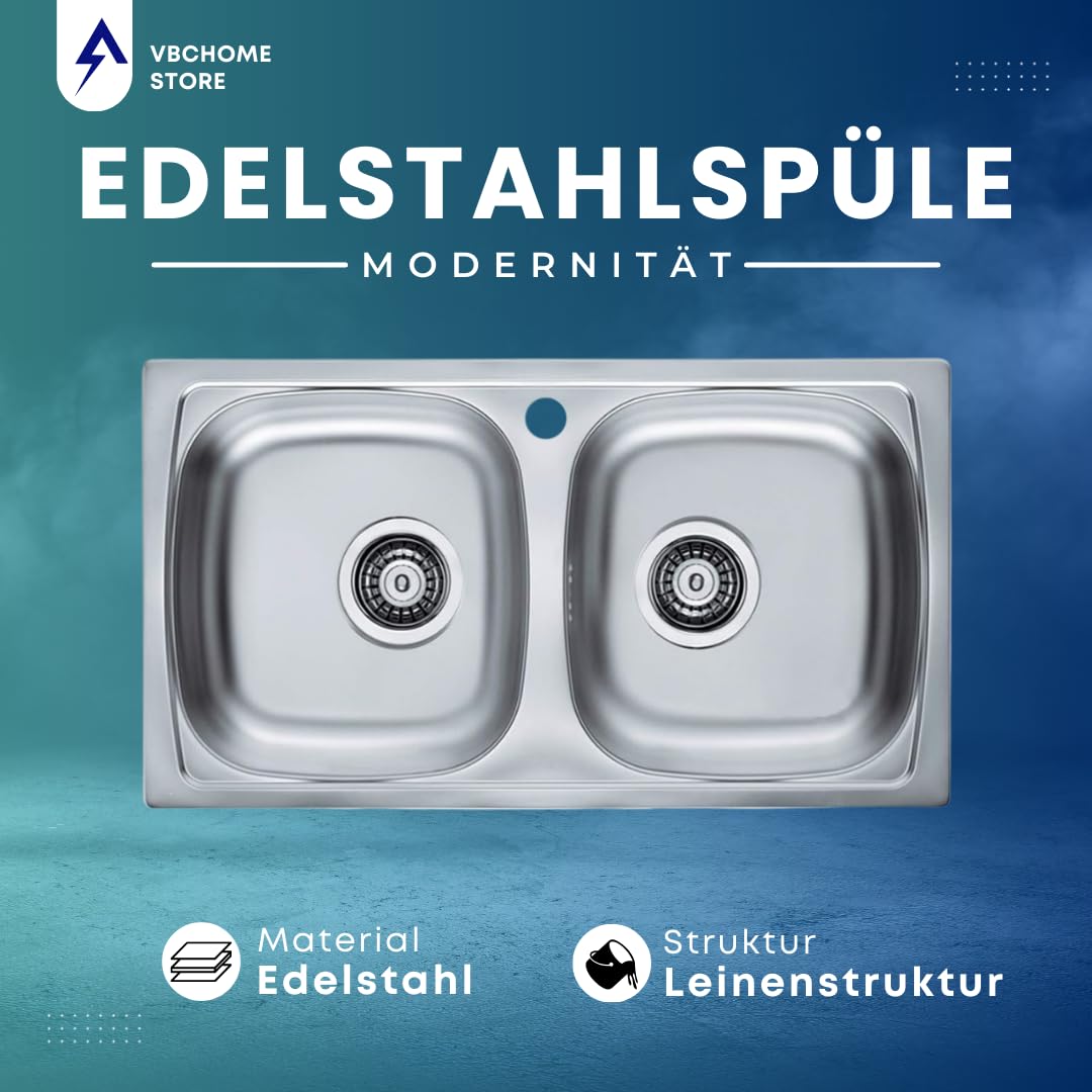 VBChome Edelstahlspüle 78 x 44 cm Leinenstruktur Spülbecken mit Hahnloch Doppelbecken Einbauspüle Camping Küchenspüle Ablaufgarnitur fi114