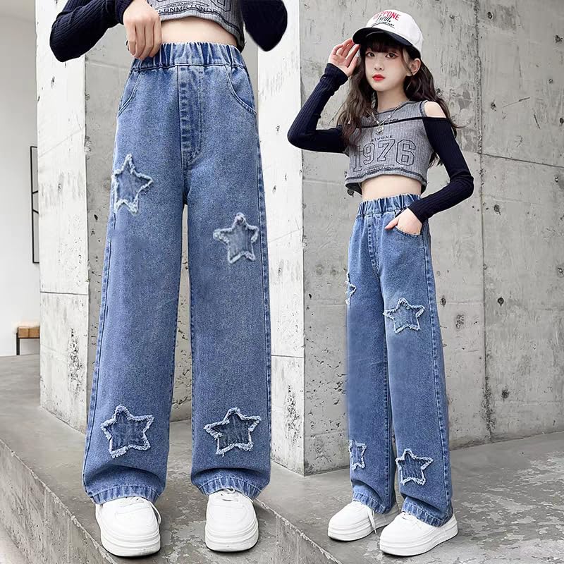 Straight Leg Pants Spring and Autumn Style Western Girls Casual Loose Wide Leg Jeans (US, Numeric Height, Front and Back Pockets Star Wide Leg Jeans 160CM)3