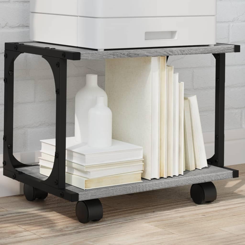Soporte para impresora enrollable con 2 estantes en roble Sonoma, 41 x 28 x 33,5 cm, mueble de oficina con 2 estantes y ruedas, mesa de impresora con ruedas para uso flexible