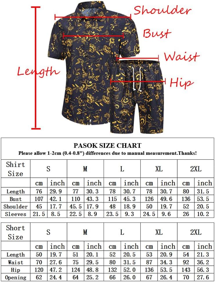 PASOK メンズ 花柄 2ピース トラックスーツ カジュアル ボタンダウン 半袖 ハワイアンシャツとショーツスーツ US サイズ: