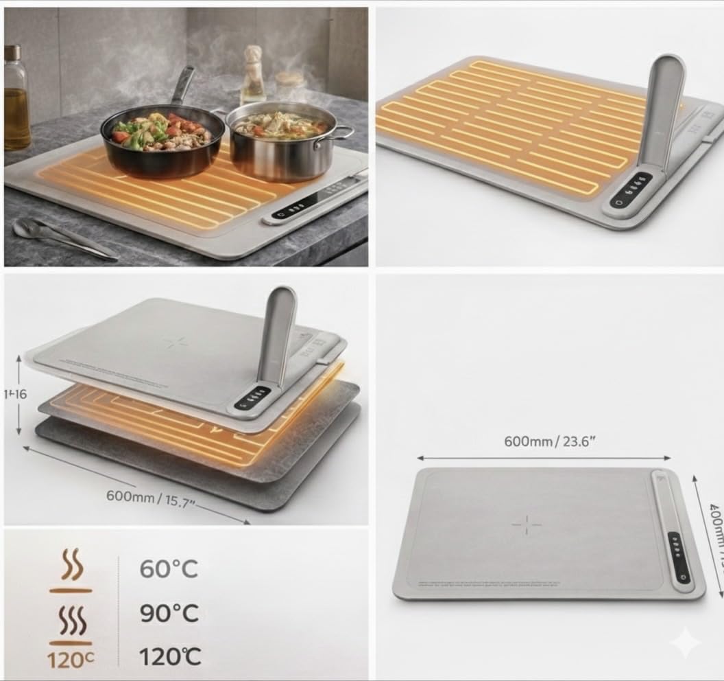 Plata 2.0 CELOX - Piastra riscaldante 500 W, arrotolabile e portatile, 6 posizioni da 60 a 120 °C, silicone flessibile, utilizzabile su timer, non si riaccende automaticamente, 60 x 40 cm + borsa.