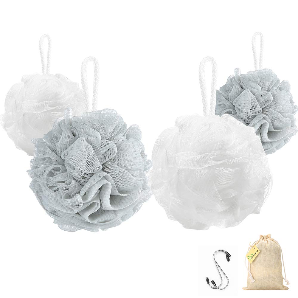 2 Size Bath Sponges - Small 30g and Large 60g Loofah Body Skin Deep Clean Mesh Pouf with S Hook Shower Accessories - Loofah for Bathing - Bulk Luffa Sponges for Men Women and Kids (4 Pack)