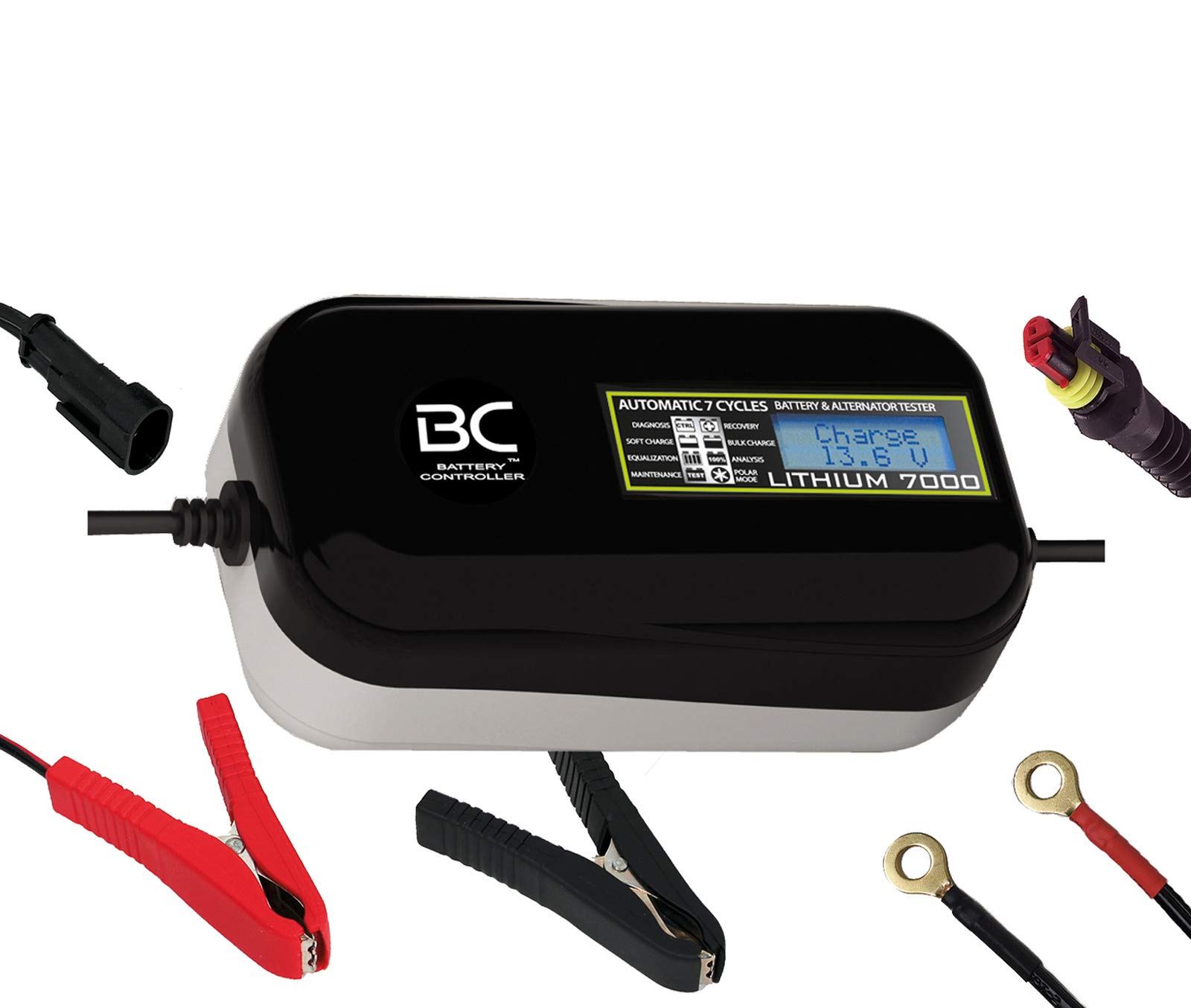 BC LITHIUM 7000 - 12V 7A - Cargador y Mantenedor de Carga Automático y Digital para Baterías de litio/LiFePO4 + Comprobador de Batería y Alternador