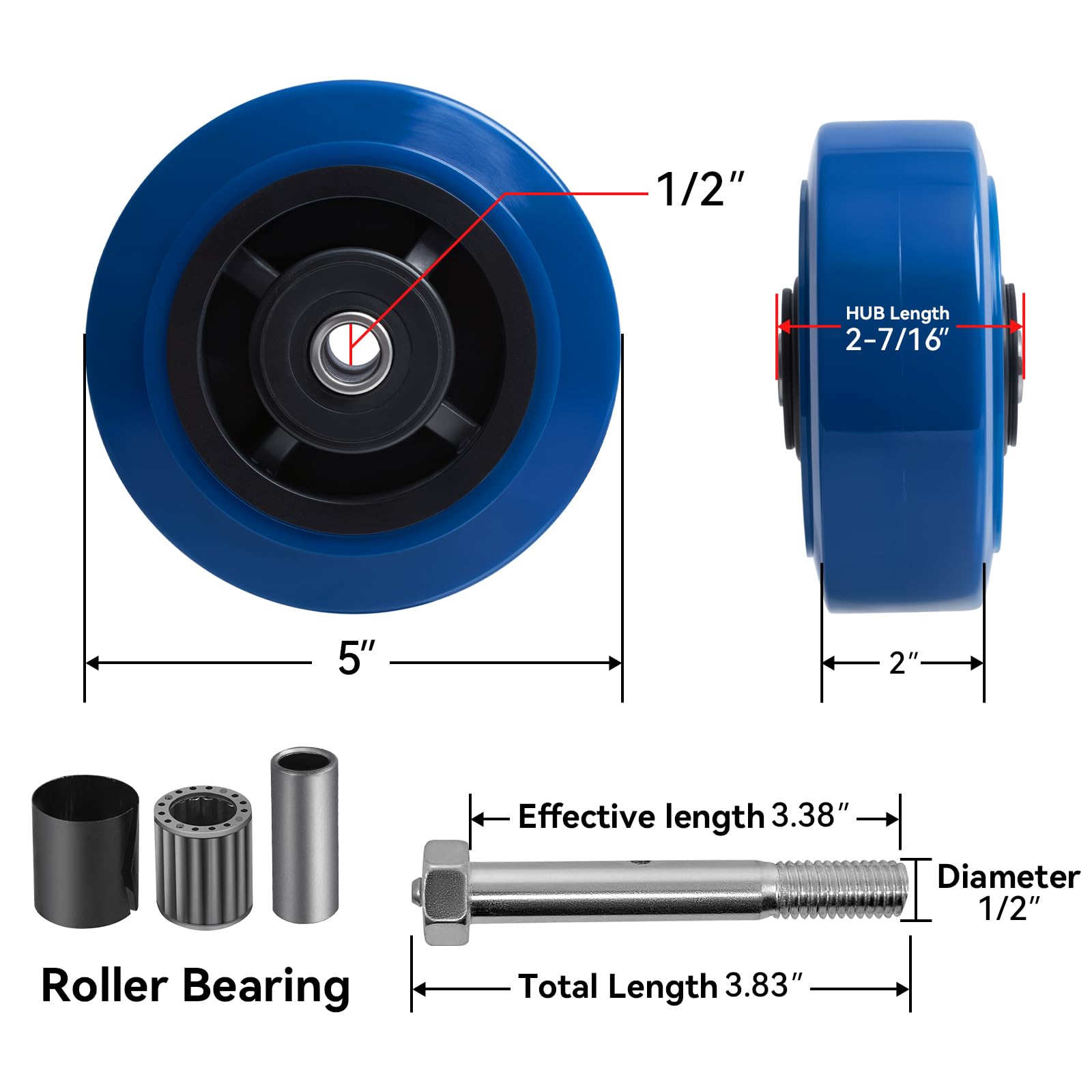 Ruote piroettanti da 12,7 x 5,1 cm, in poliuretano su poliolefina con cuscinetto a rulli, foro da 1,27 cm, resistente, per uso industriale/commerciale, capacità di 362,9 kg, blu
