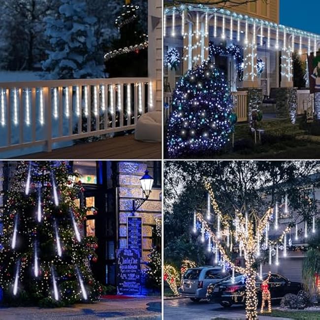 Christmas Decoration Outdoors- 32 Tubes (Equivalent to 4 Sets of 8-Tubes) Meteor Shower Rain Lights, White Falling Rain Lights for Christmas Decor Xmas Tree Halloween Yard Wedding Party, UL Plug