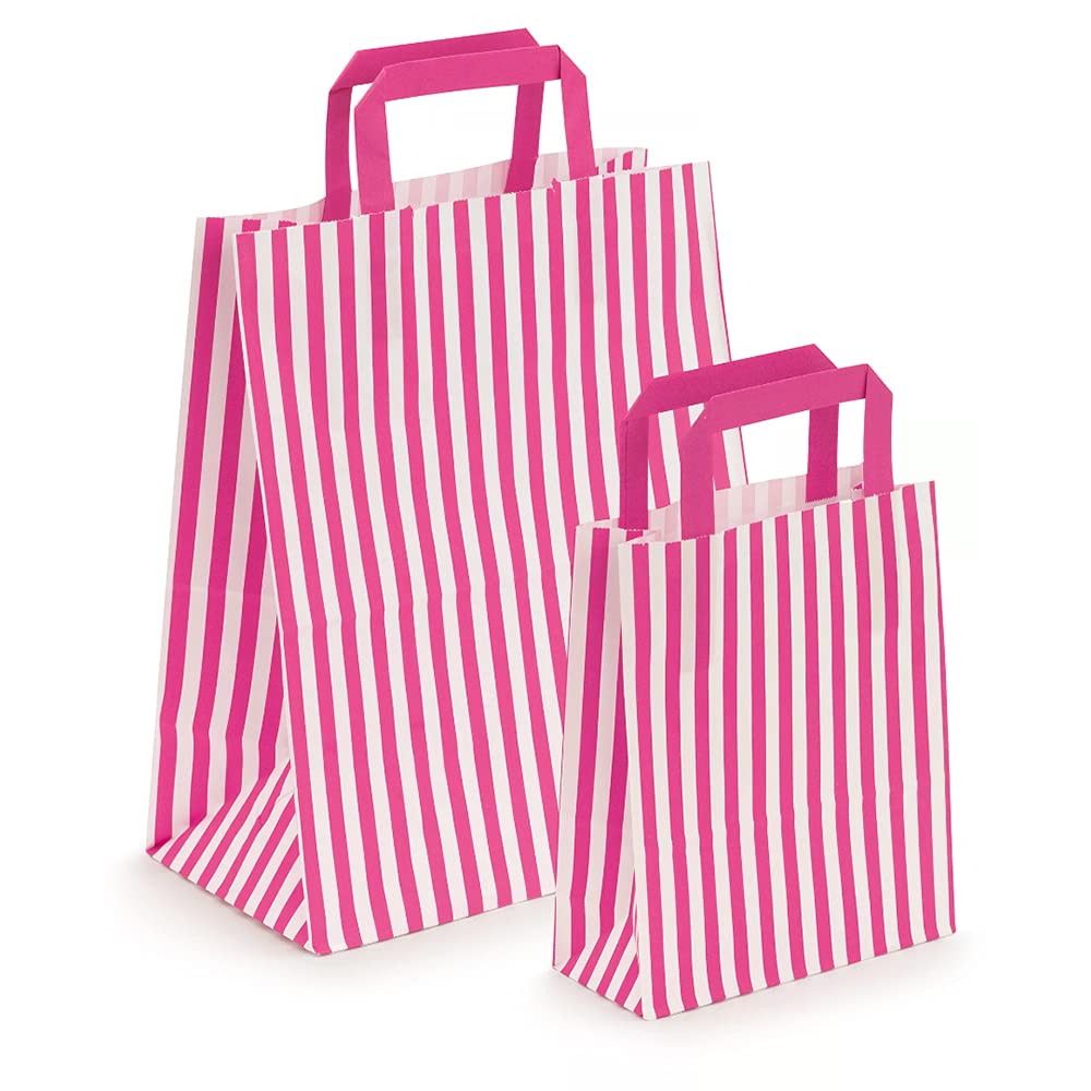 50 x Candy Striped Coloured Paper Tape Handle Carrier Bags (18 x 8 x 23cm, Pink)