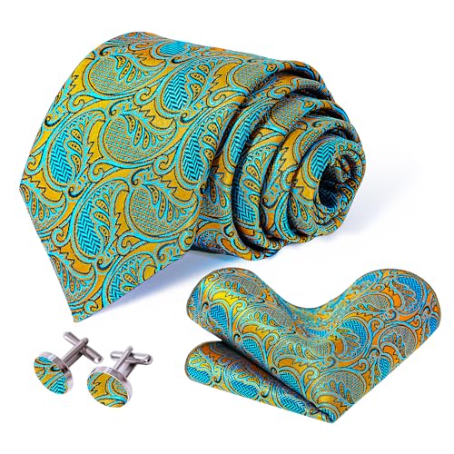 Image of 5PCS Tie and Pocket Square for Men, Silk Necktie and Handkerchief Cufflinks with Gold Ring and Lapel Pin Set