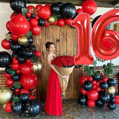 Image of TONIFUL 40 Inch Red Number 16 Balloons Large Foil 16th Birthday Decorations