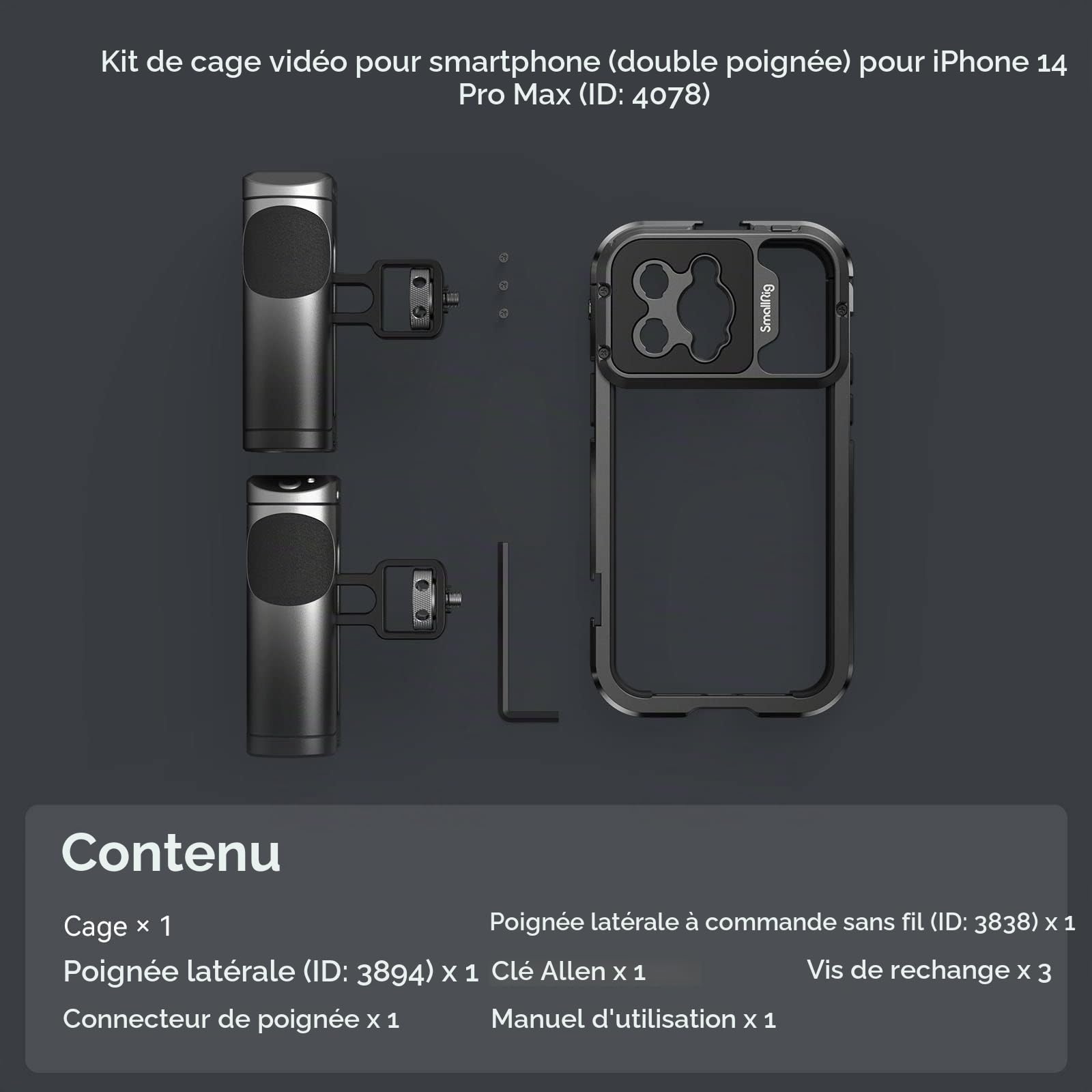 SMALLRIG Kit de Montage Vidéo pour iPhone 14 Pro Max avec Double Poignée de Contrôle sans Fil, Kit Vidéo Portable en Aluminium, Double Montage Vidéo pour Smartphone Portable - 4078