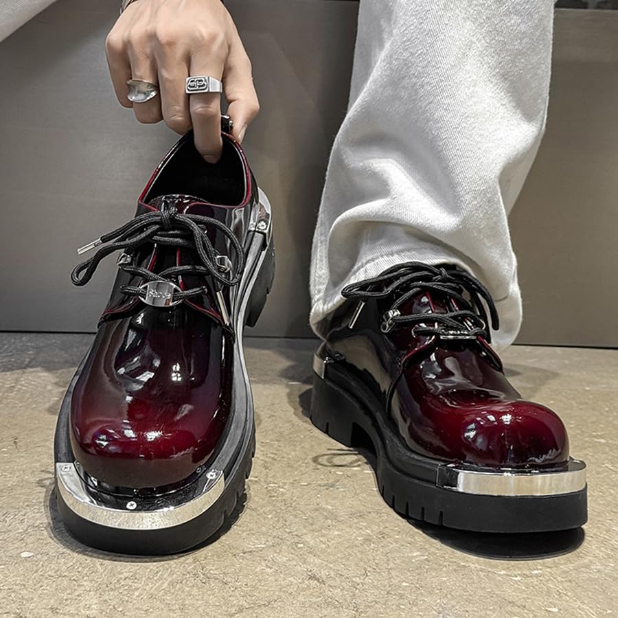 Men's Patent Leather Gradient Metal-Plate Platform Oxfords Classic Round Toe Lace Up Chunky Heel Anti-Slip Lug Sole Heighten Derby Shoes2