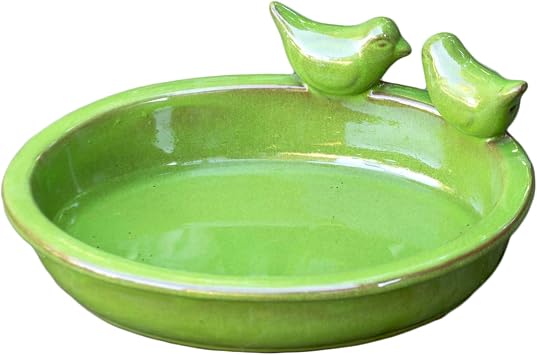 Oval Ceramic Bird Bath and Feeder Bowl, Glazed Finish, With 2 Perched Birds Detail, W31cm x D23cm x H11cm Green