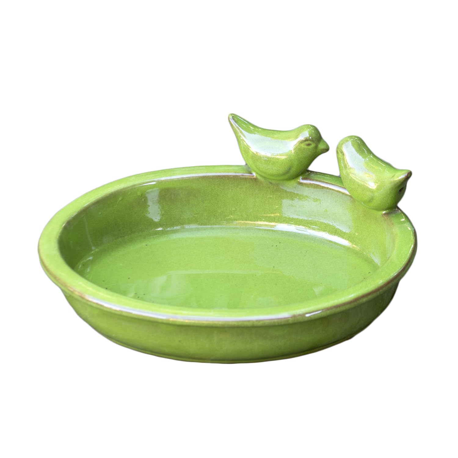 Oval Ceramic Bird Bath and Feeder Bowl, Glazed Finish, With 2 Perched Birds Detail, W31cm x D23cm x H11cm (Green)