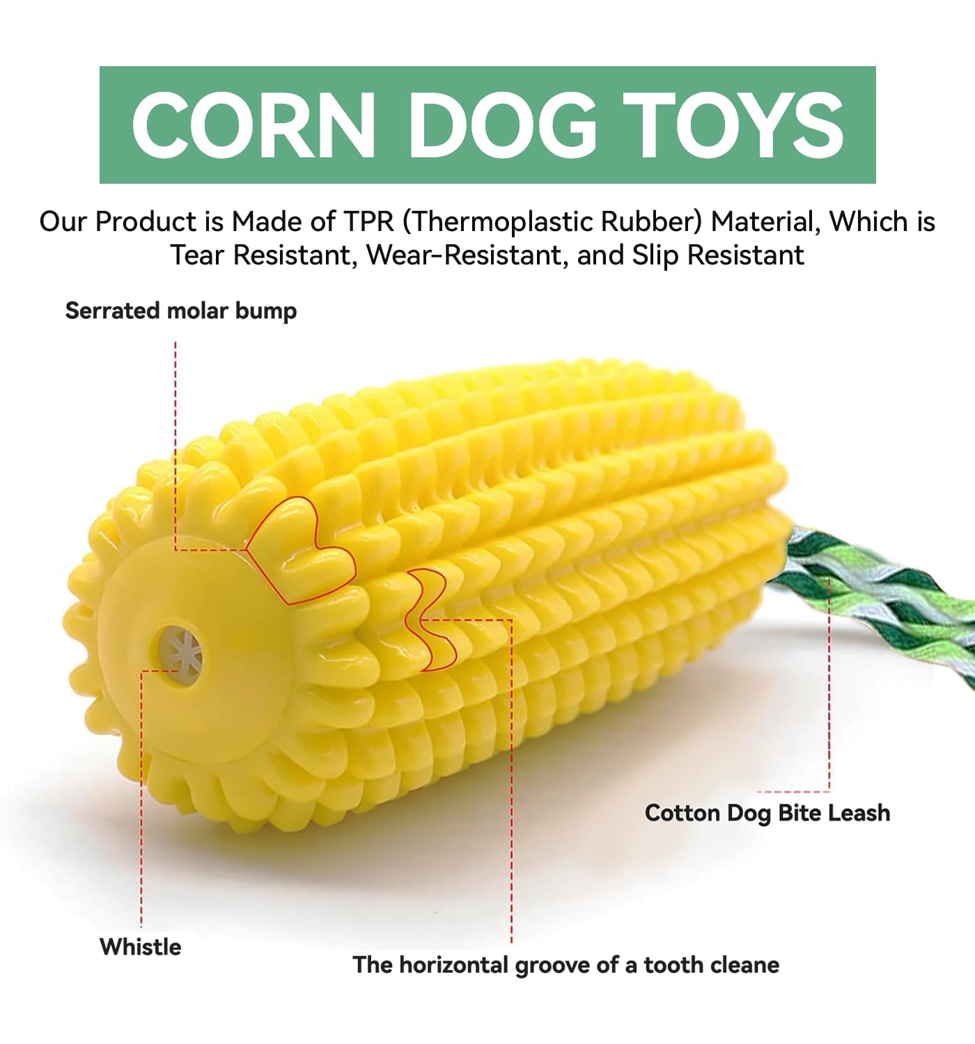 Juguete indestructible para perros de maíz de 16 x 6 x 6 cm, juguetes duraderos para masticadores agresivos, juguetes chirriantes de goma para perros, juguetes de dentición para cachorros,