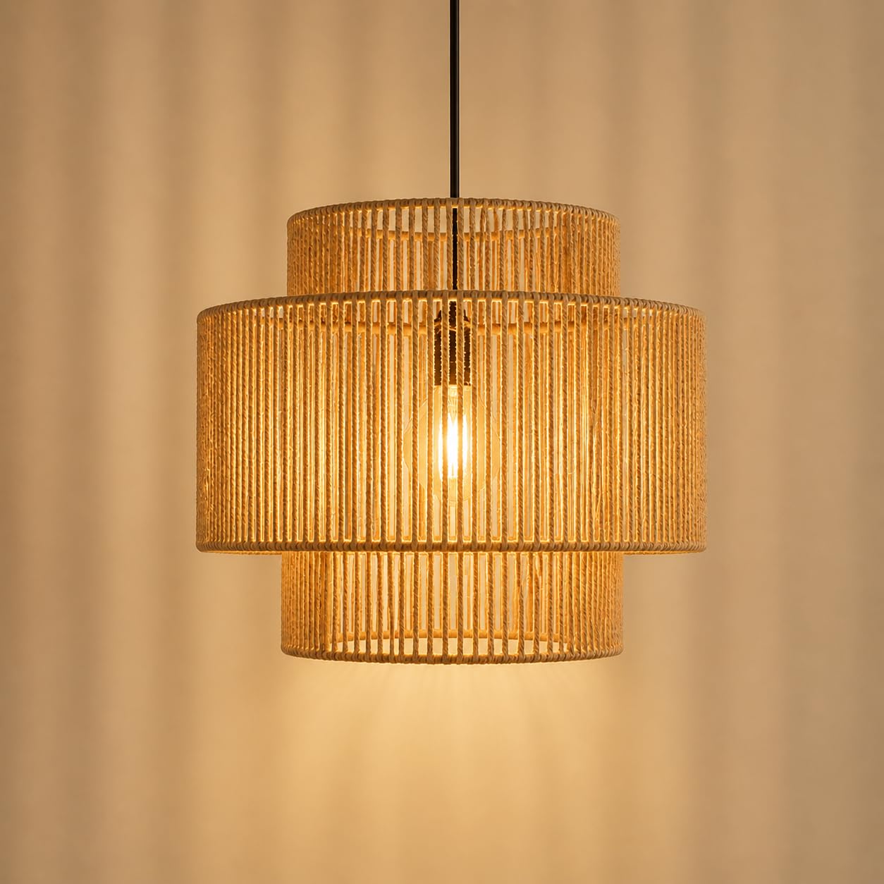 NUODIFAN Boho Lampenschirm, Handgewebte Papierschnur Hängelampe, Dreistufige Boho Lampe für Esszimmer & Wohnzimmer, Rustikale Natur Pendelleuchte Deckenlampe ohne Leuchtmittel 40cm