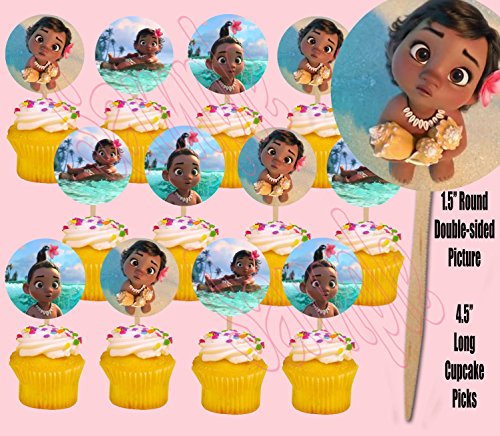 Party Over Here Baby Moana Hawaiian Movie Double-Sided Cupcake Picks Cake Toppers -12 pcs