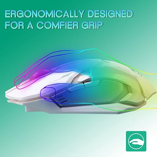Miniatura 4 de VEGCOO Ratón inalámbrico blanco para juegos, mouse inalámbrico de clic silencioso con 3 niveles DPI, mouse de computadora recargable con luces LED