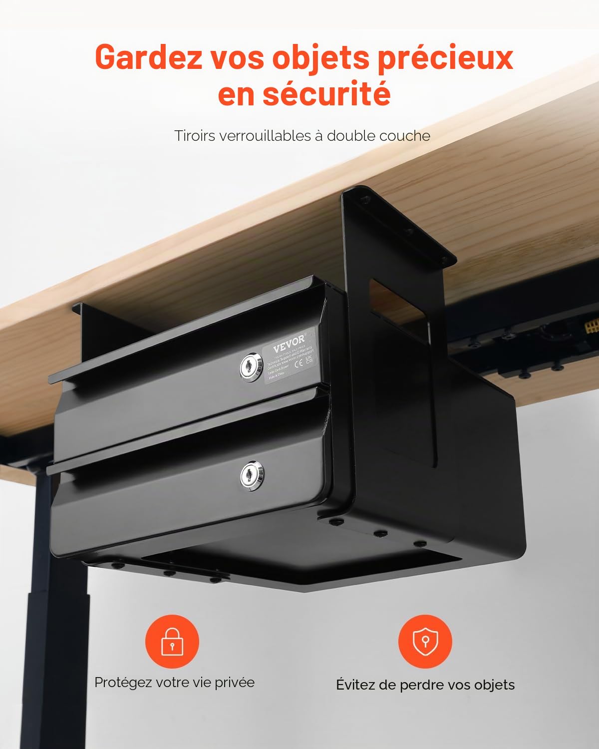 VEVOR Tiroir Coulissant sous Bureau, 365x335x250 mm, Tiroir Organisateur de Rangement de Bureau Caché Verrouillable, Capacité de Charge 5 kg, pour Maison sous Table, Poste de Travail Assis-Debout
