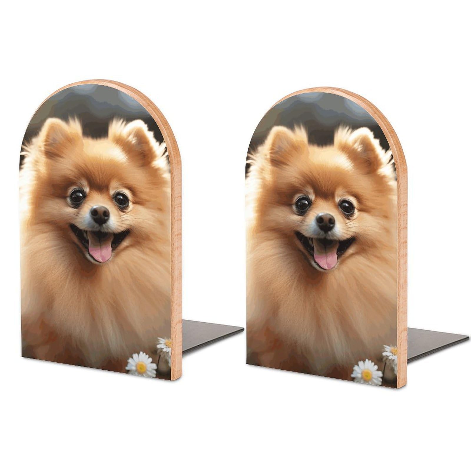 Beech Wood Book Ends Pomeranian Dog Printed Bookend for Shelves Home Decorative Bookends for Heavy Books for Office Bookshelves