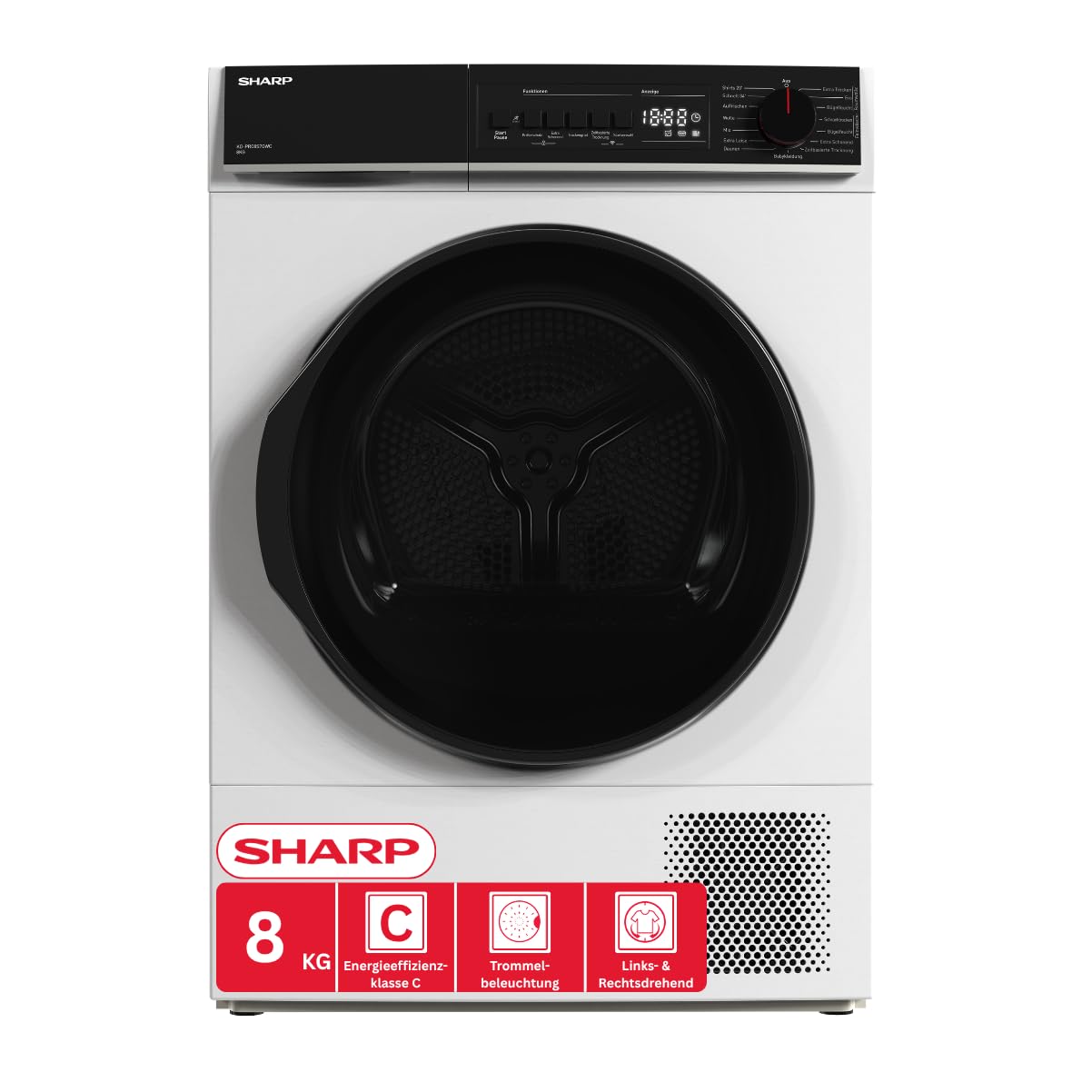 Sharp KD-PRO8S7GWC-DE Wäschetrockner, 8kg, C, WiFi, 15 Trockenprogramme inkl. 20-Minuten-Schnelltrockenprogramm, Weiß