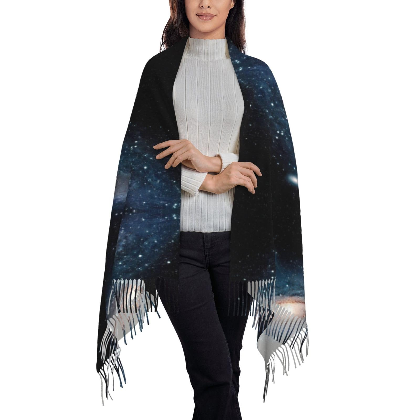 Damenschal mit Galaxie-Universum und Sternen, Weltraum-Druck, Herbst, Winter, modisch, Fransen, weich, warm, sonnenfester Wickelschal