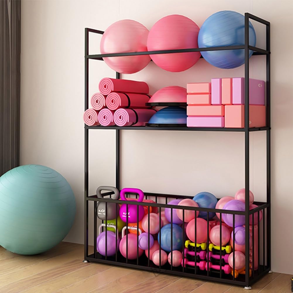 Soporte para Esterilla de Yoga, Soporte de Pesas de Acero para Gimnasio en casa, Organizador de Almacenamiento Multicapa con cestas para Rodillos de Espuma, Bloques de Yoga, Mancuernas y Acc