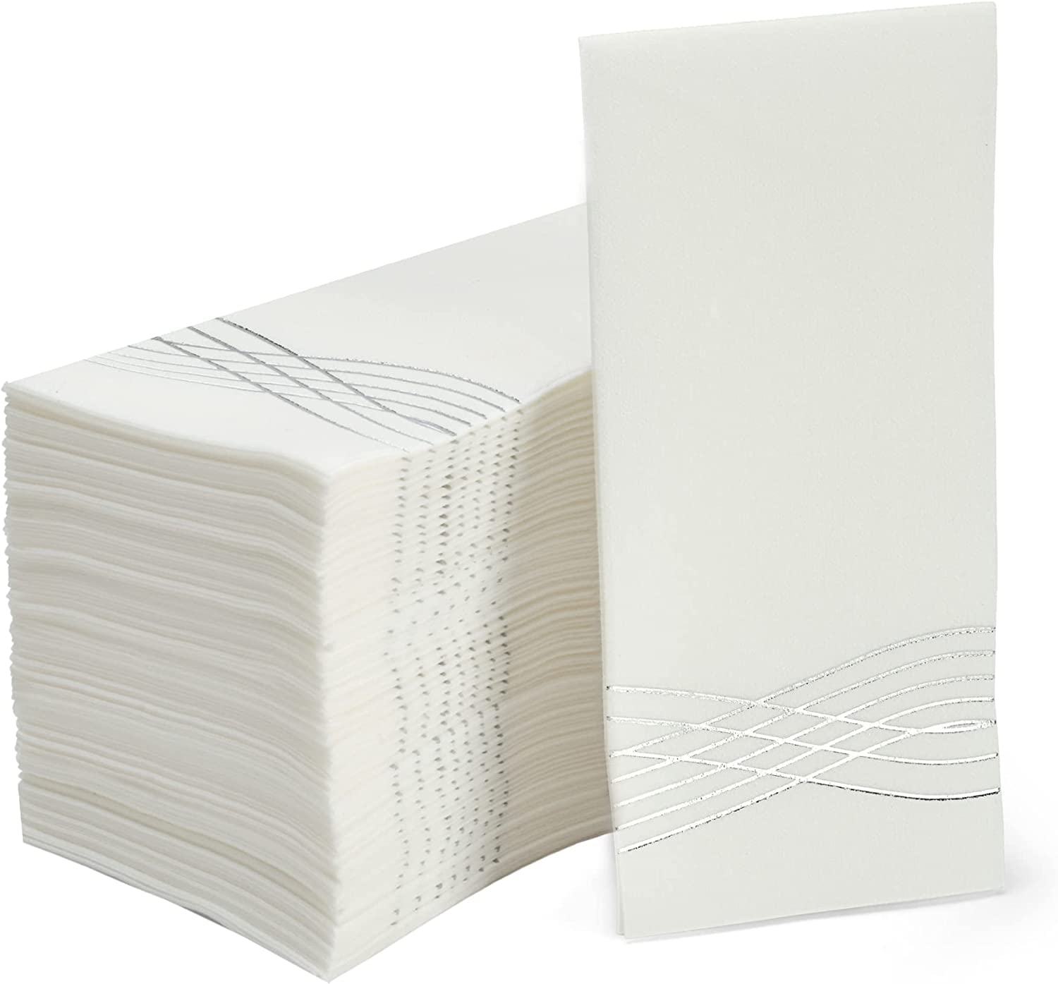 JEBBLAS Disposable Hand Towels Soft and Absorbent Line-Feel Dinner Napkin Elegant Decorative Paper Guest Towels for Kitchen, Bathroom,Weddings,Parties, Silver and White,100pack…